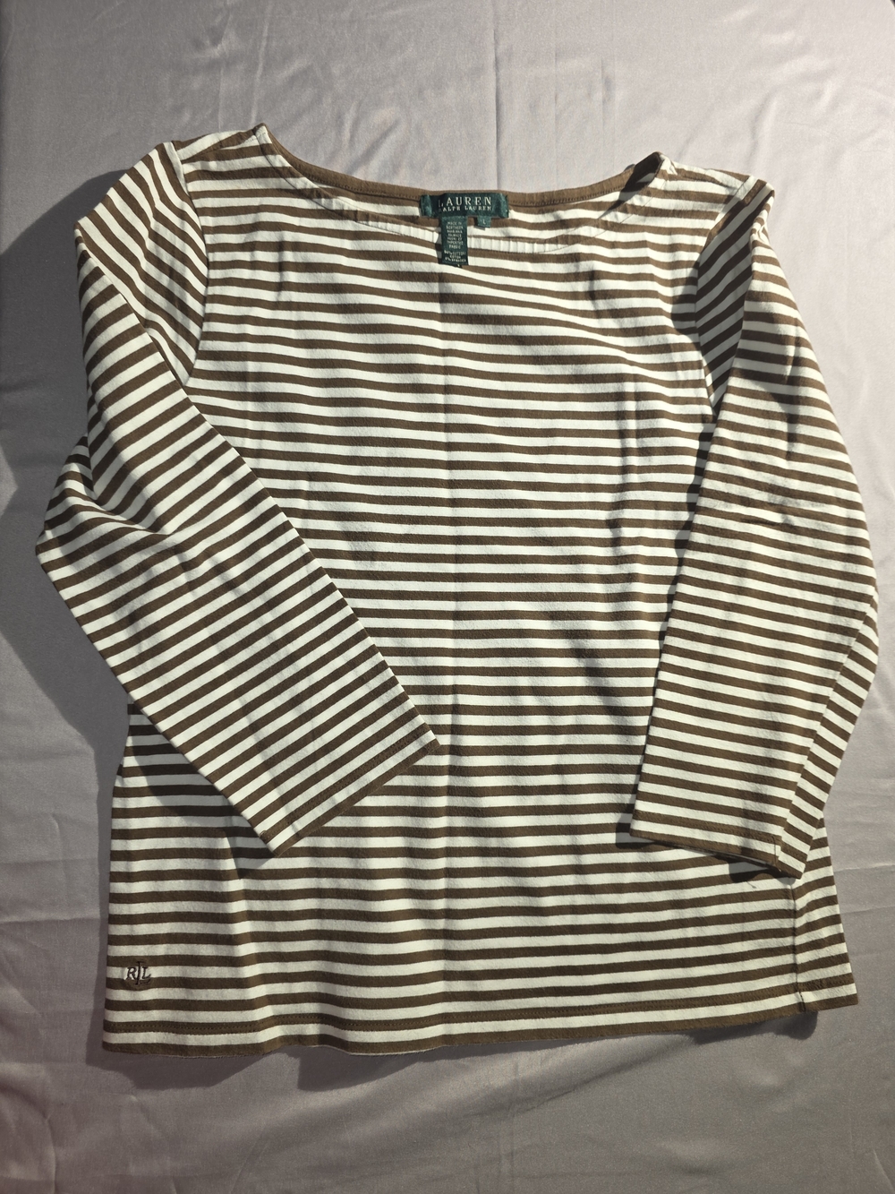 Lauren Ralph Lauren Brown and White Striped Half Sleeve Tee